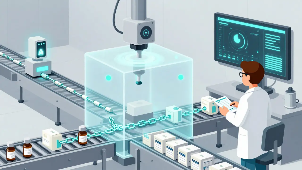 A cross-section of a drug facility with AI sensors and blockchain links, monitored by a trained technician.