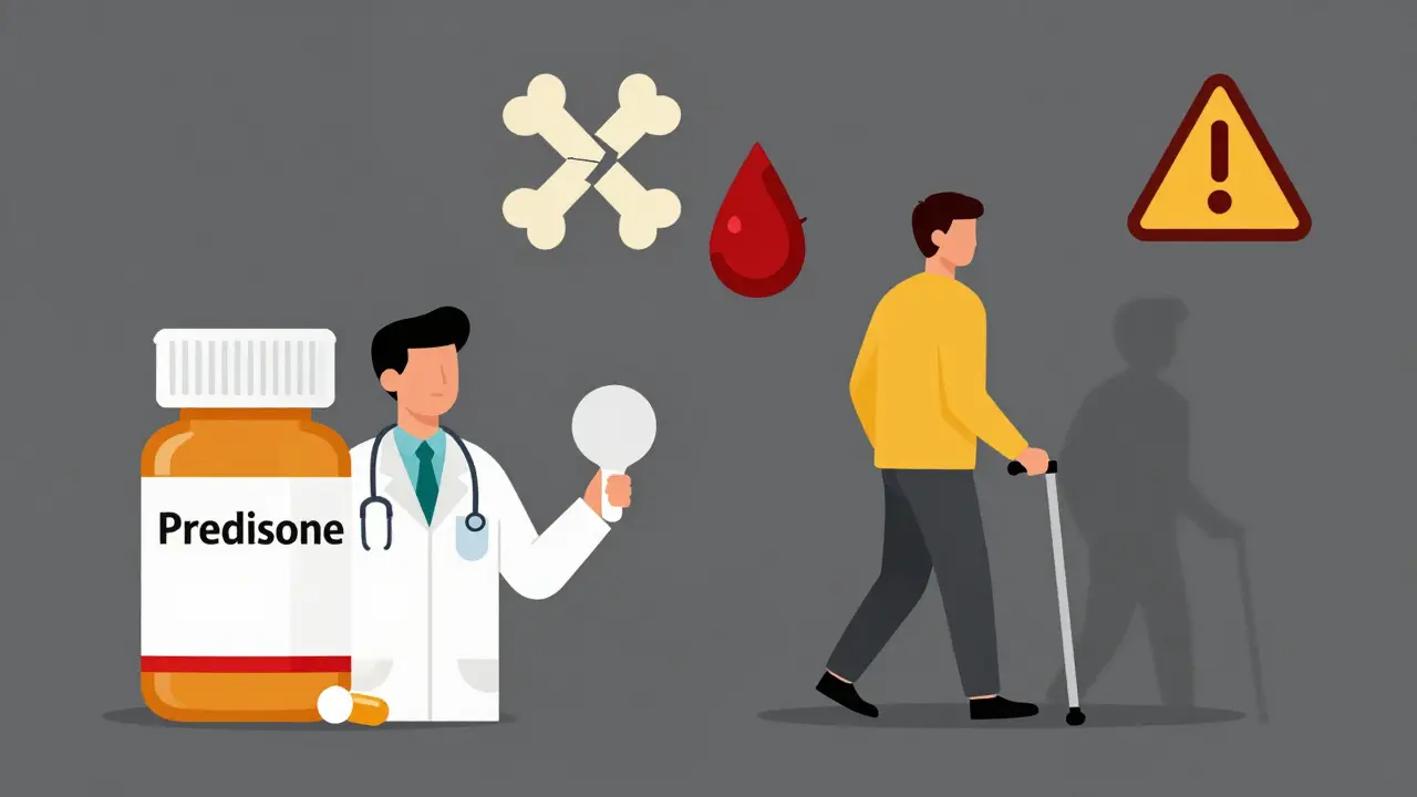 A doctor holding a defibrillator beside a corticosteroid bottle as a patient walks away with health warnings