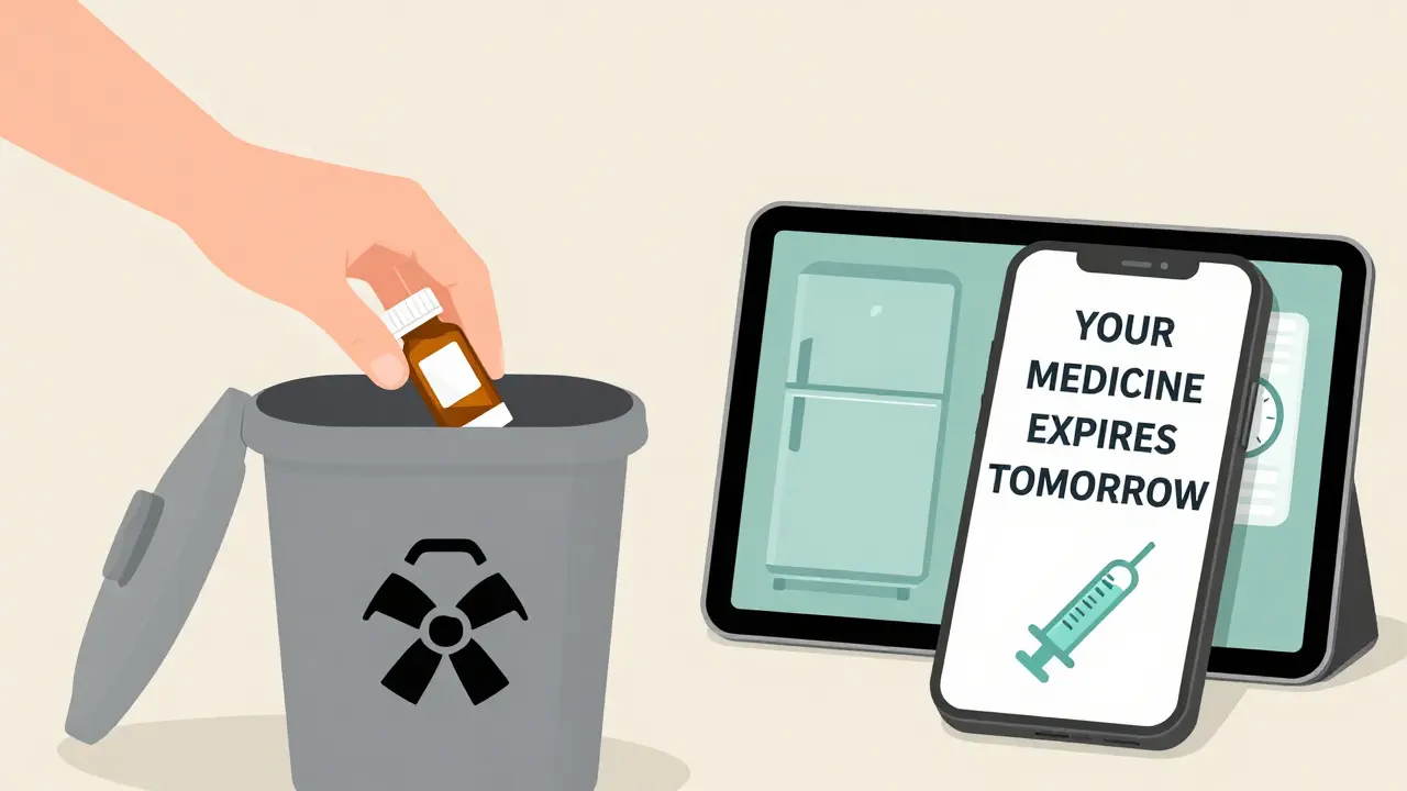 A parent discarding expired medicine with a phone reminder on screen.