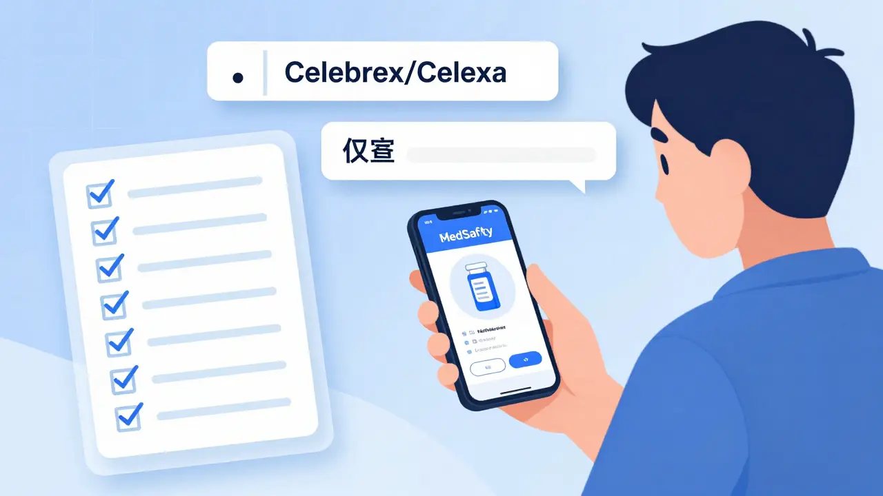 A person scanning a prescription with a smartphone app that flags drug and dosage errors, with a checklist of safety points confirmed.