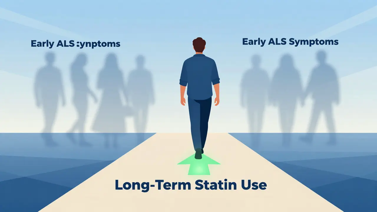 A person walking forward on a path labeled 'Long-Term Statin Use,' with fading ALS symptoms behind.