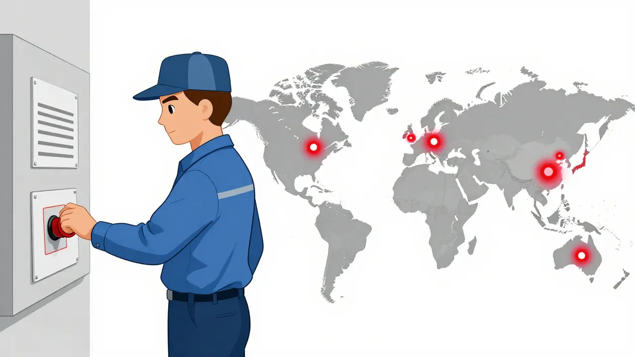 A worker stopping production on the left, and a map showing drug shortage locations across the U.S. on the right.
