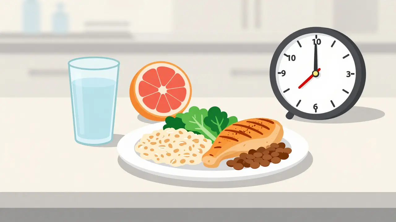 Balanced meals on counter with grapefruit crossed out, showing dietary tips for medication safety.