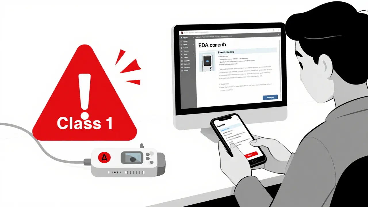 Class I recall alert on a pacemaker vs. patient receiving FDA email alert on phone.