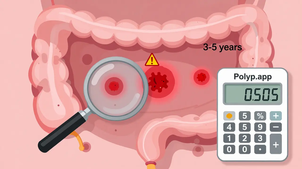 Colonoscope above colon with three serrated lesions labeled 3-5 years, showing Polyp.app calculator