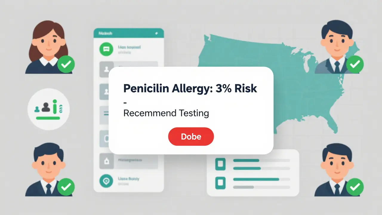 Digital health dashboard showing pop-up alert recommending penicillin allergy testing with patient avatars and hospital icons.