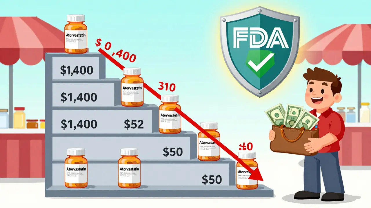 Five generic drug manufacturers competing on a price ladder, with a patient holding savings and an FDA shield above.