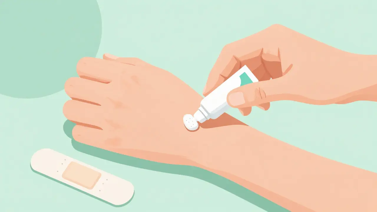 Hand applying topical cream to small wound on arm