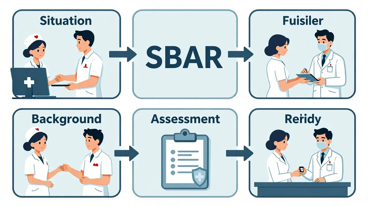 Nurse and pharmacist exchanging patient info using SBAR panels in minimalist Swiss design.