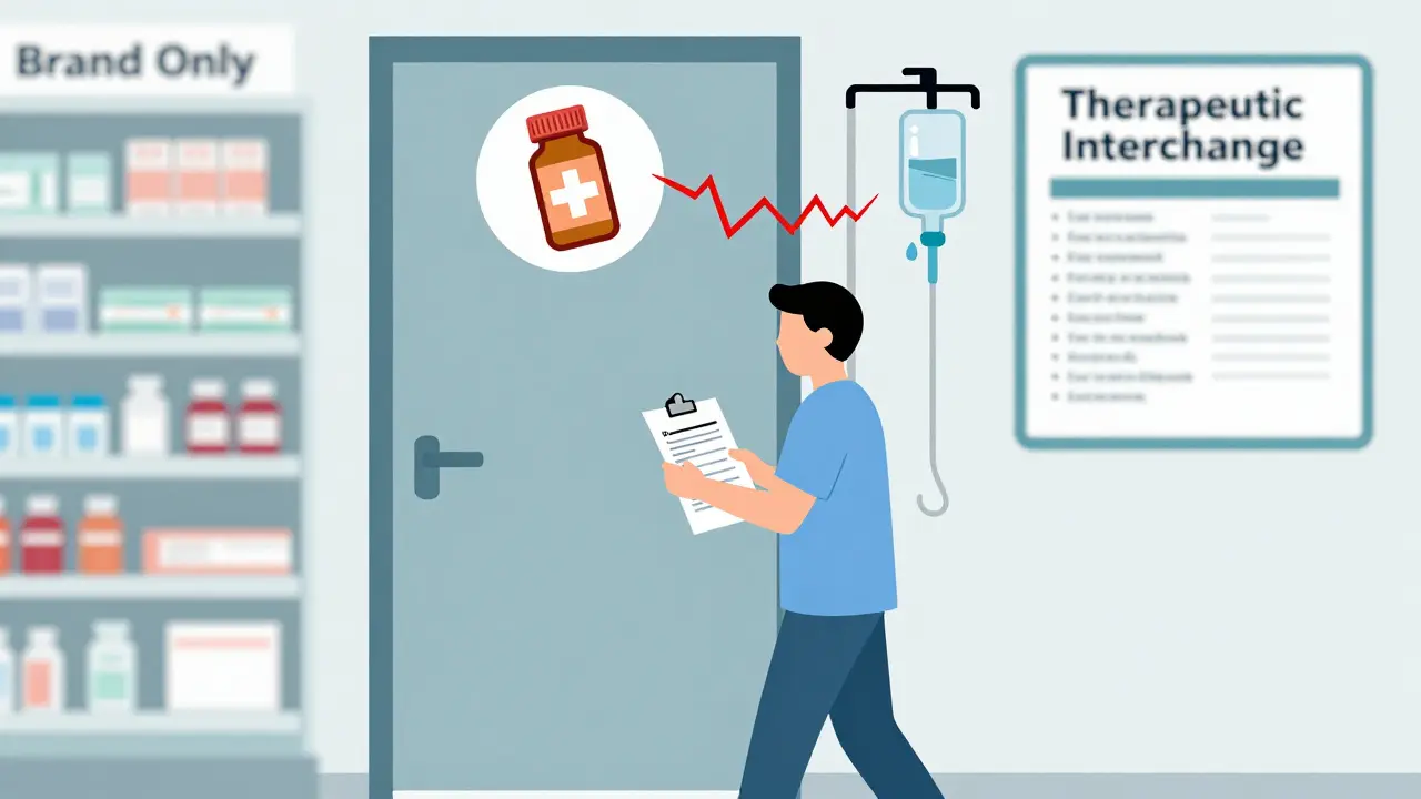 Patient exiting hospital with discharge paper as hospital and retail medication icons remain disconnected.
