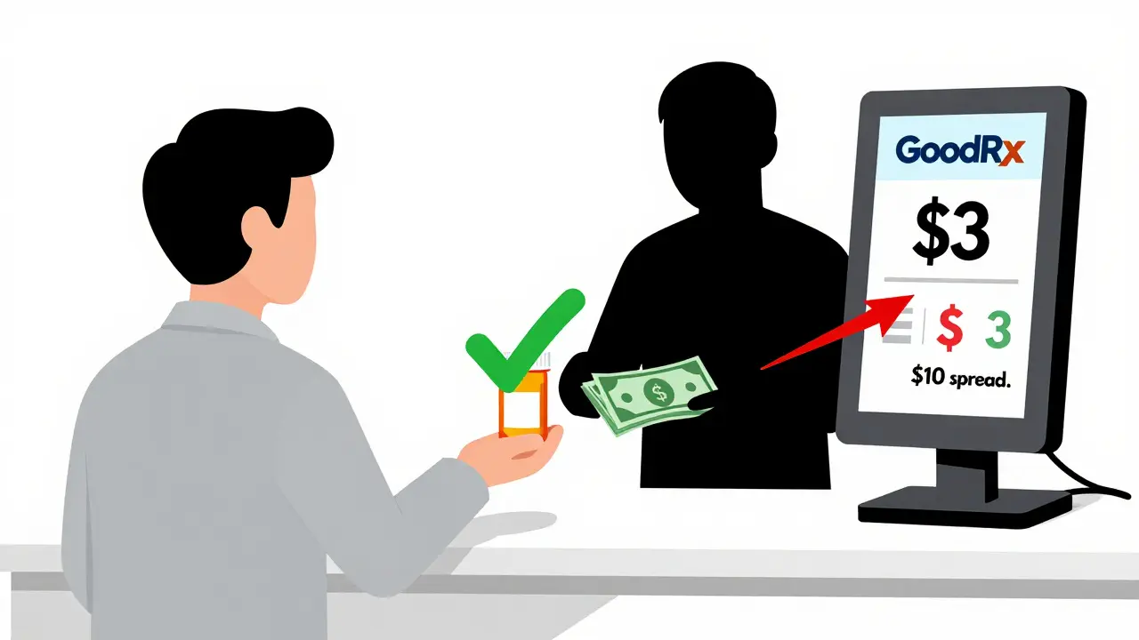 Patient receiving generic pill while a middleman pockets cash, with a price-comparison kiosk showing a cheaper alternative.