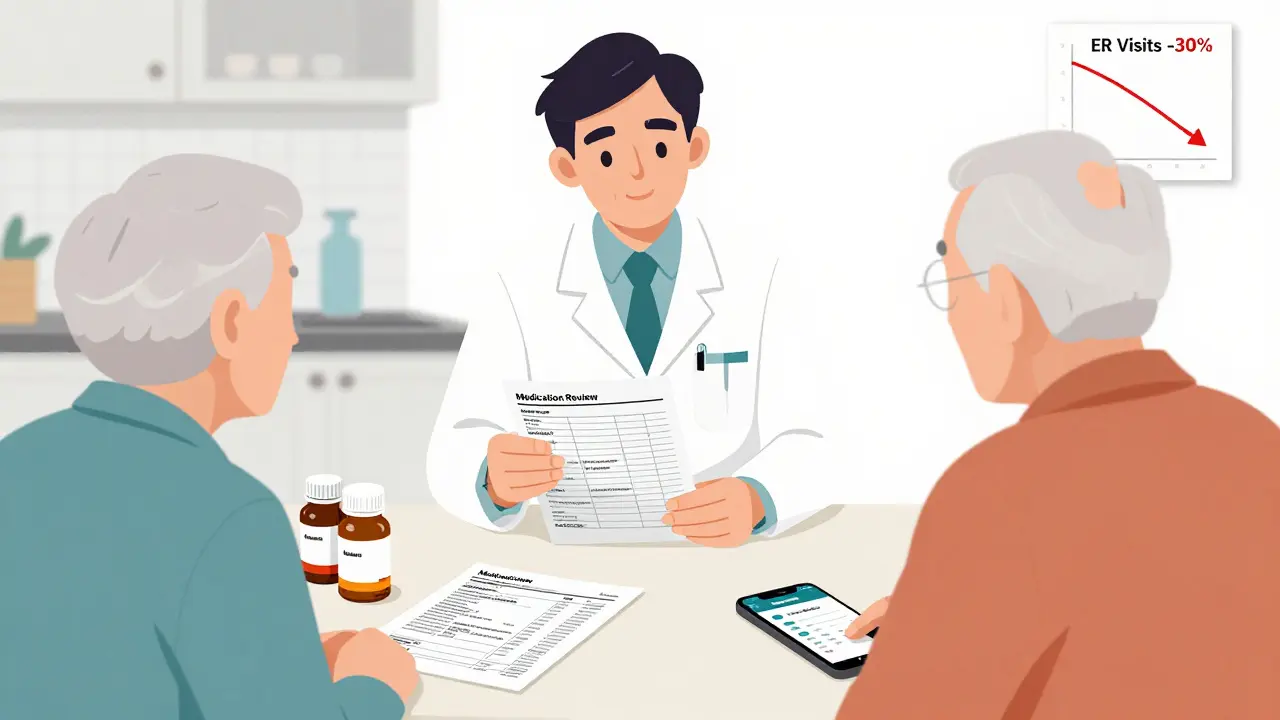 Pharmacist reviewing meds with an elderly patient at home, with a chart showing reduced ER visits.