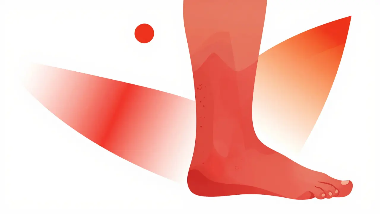 Red, swollen leg with blurred edges showing cellulitis