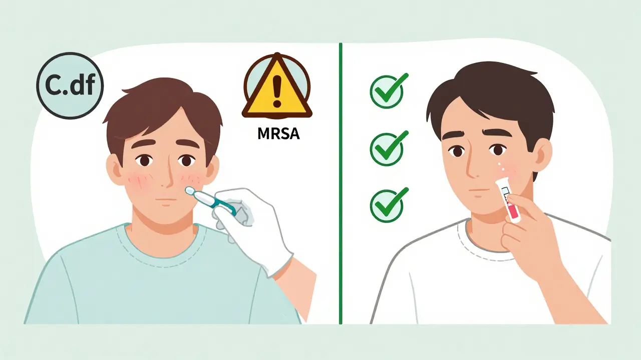 Split illustration: patient on broad-spectrum antibiotics vs. safe amoxicillin after allergy testing with green checkmarks.