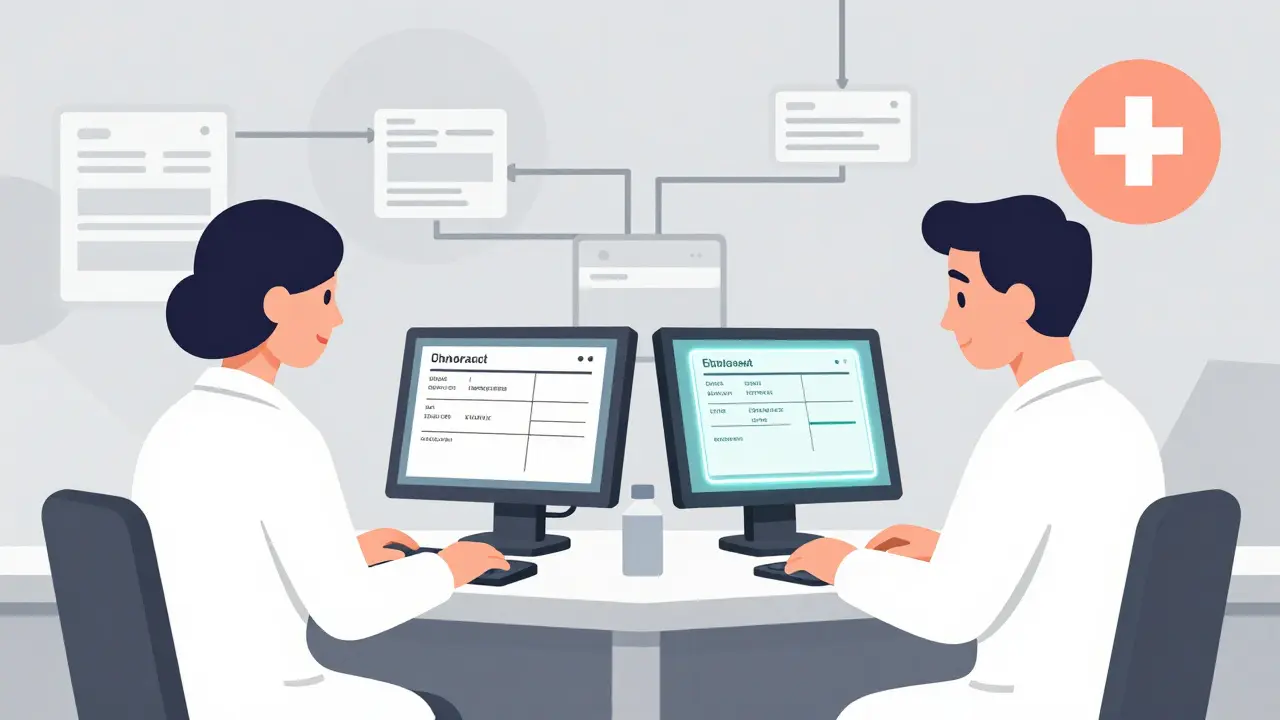 Two pharmacists verify a high-risk prescription on digital monitors in a centralized telepharmacy hub.