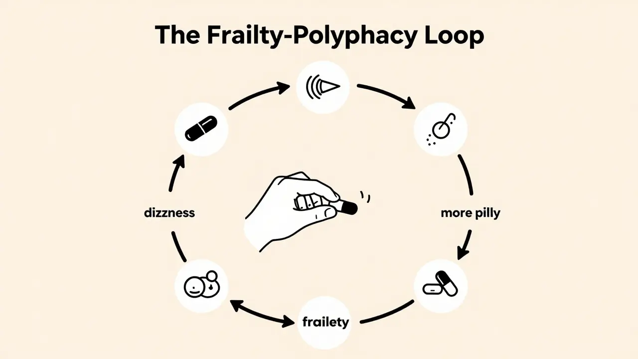 A circular diagram showing how pills lead to frailty and back, with one pill being removed to break the cycle.