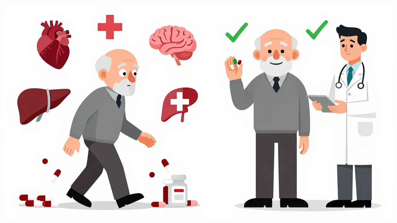 A frail senior on the left surrounded by pills, same person empowered with just three pills on the right.