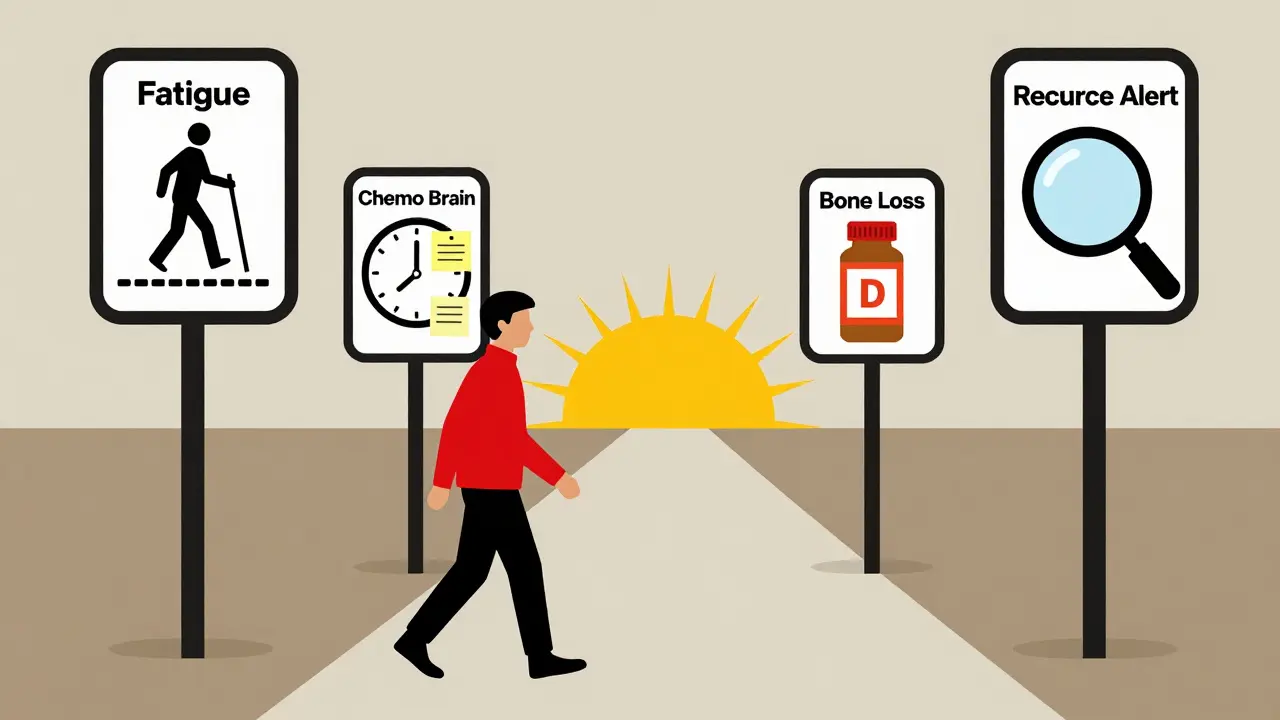 A survivor walking along a path with symbols representing long-term health challenges and progress.