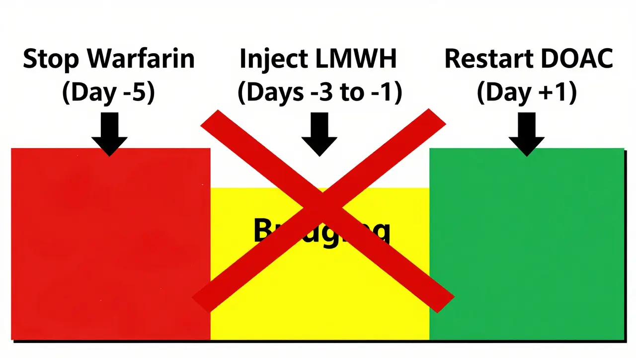 A timeline showing steps to stop warfarin, inject LMWH, then restart DOAC, with a red slash over the bridging step for DOAC patients.