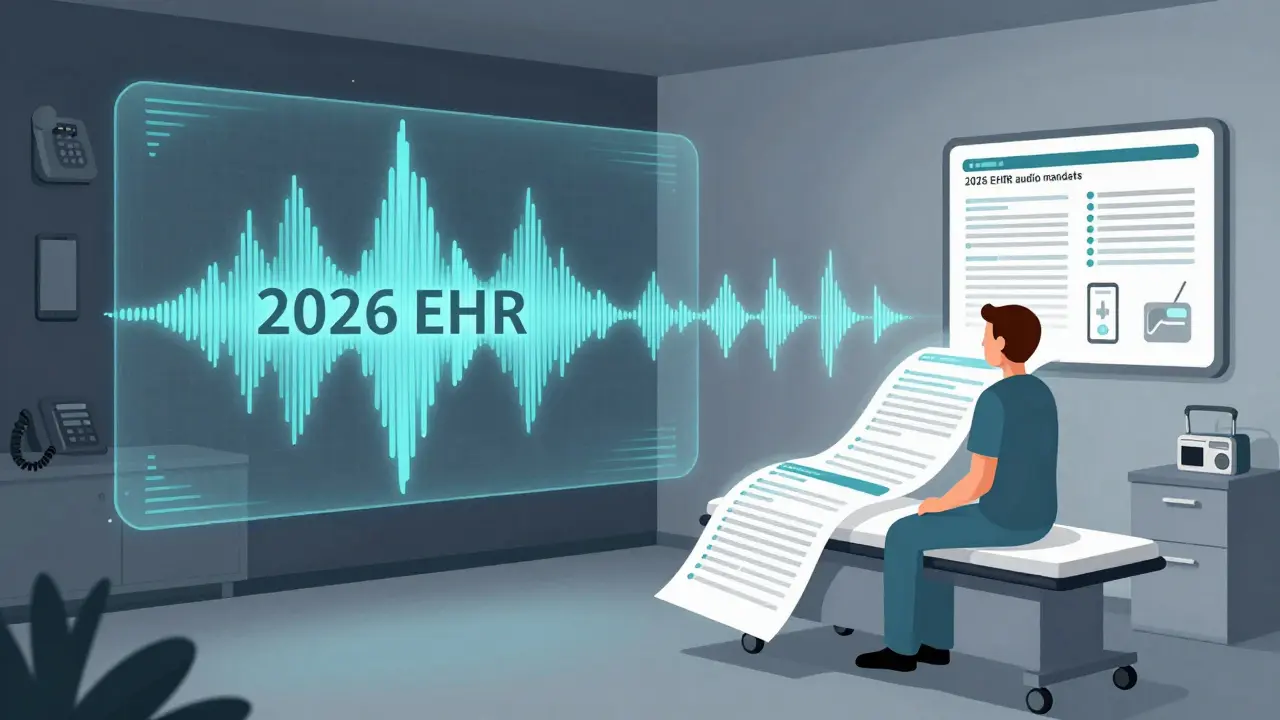 An abstract audio waveform transforms into spoken medical guidance, symbolizing automated health records, with icons of phone, radio, and landline in minimalist Swiss style.