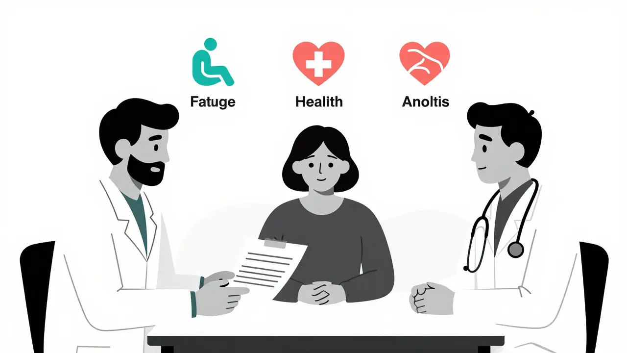 An oncologist and primary care doctor sharing a care plan with a patient between them.