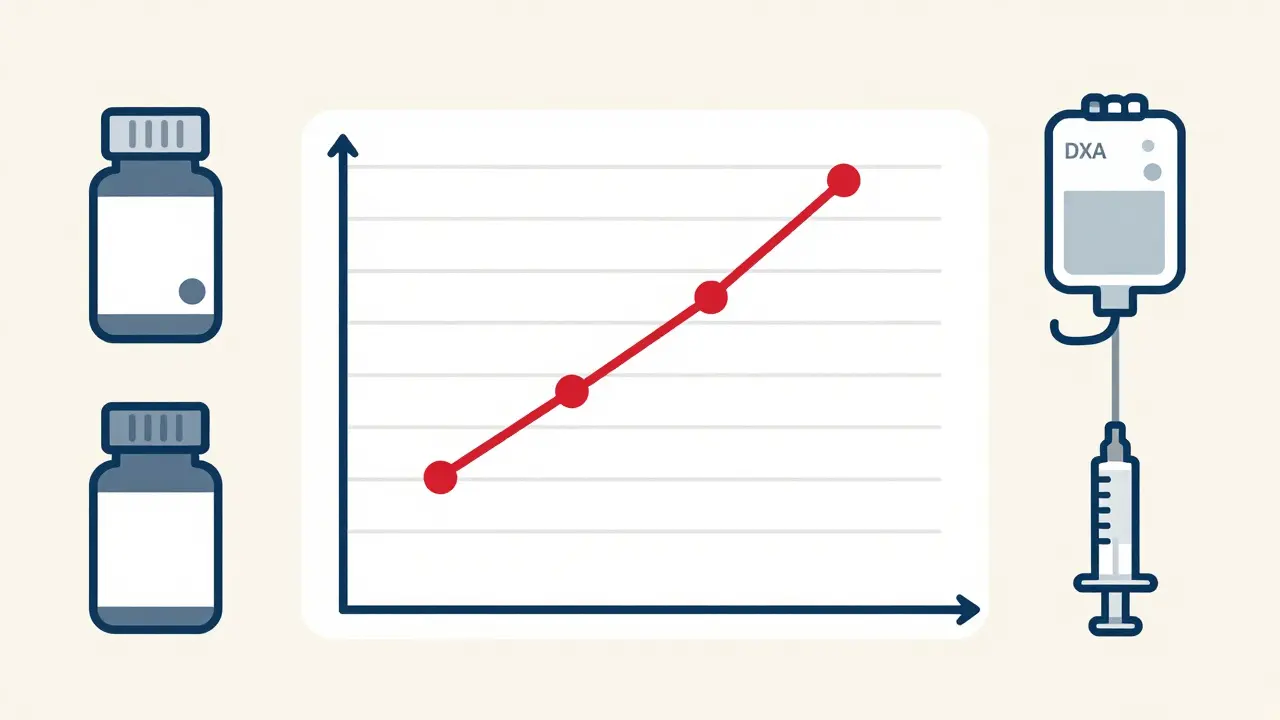 Bone density comparison graph with treatment icons for steroid-induced osteoporosis