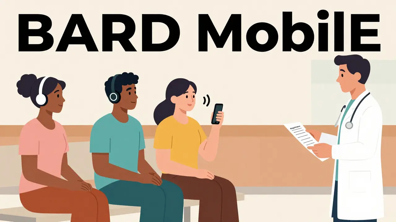 Diverse patients using audio tools in a hospital lobby — one listening to audiobooks, another using navigation, and a staff member offering audio records instead of print.