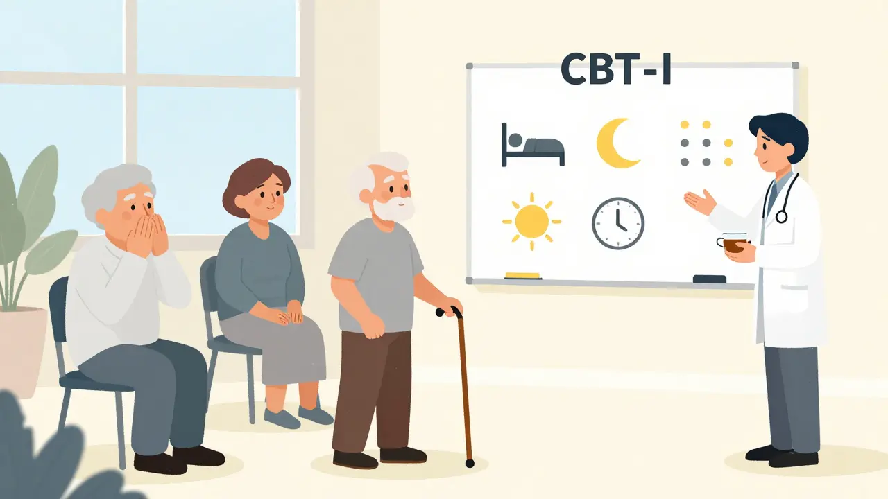 Diverse seniors in sunlit room learning sleep habits with therapist, no medications visible.