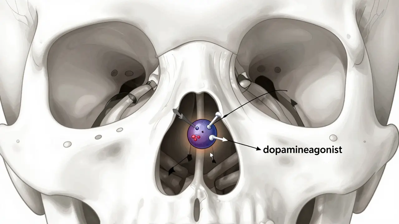 Endoscopic view of a shrinking pituitary tumor with molecular arrows guiding treatment.