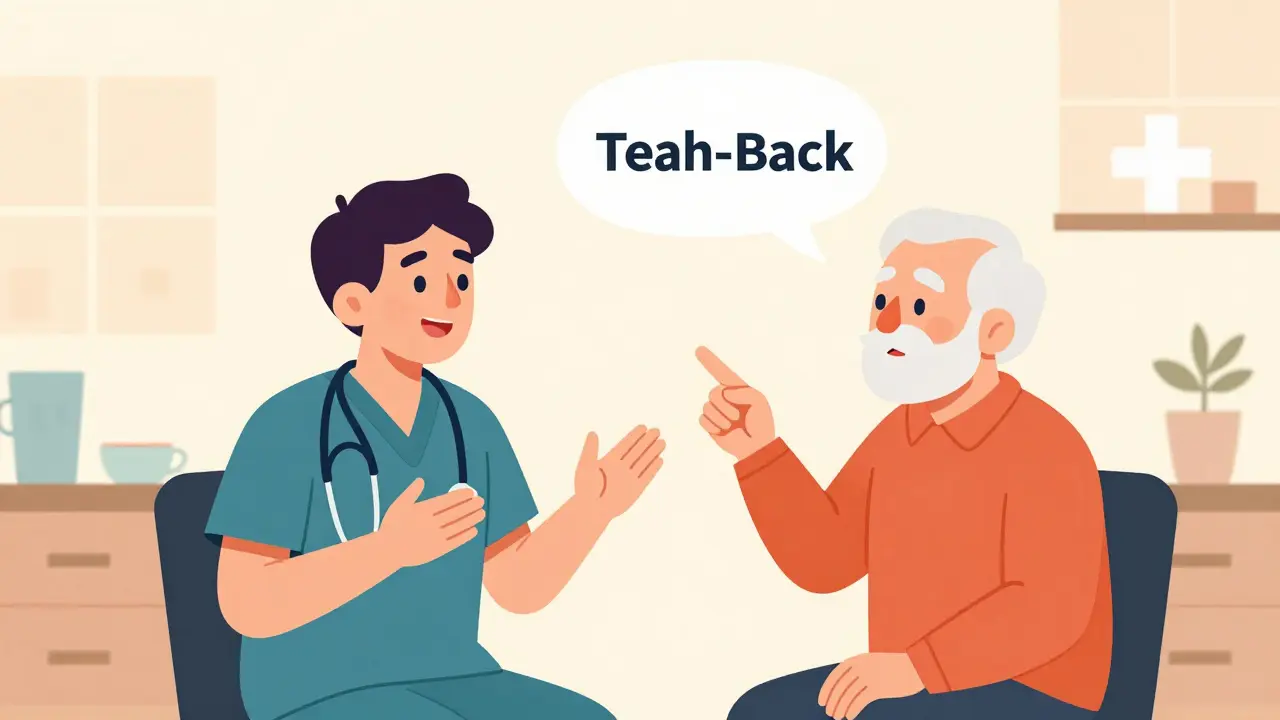 Healthcare provider using teach-back method with elderly patient