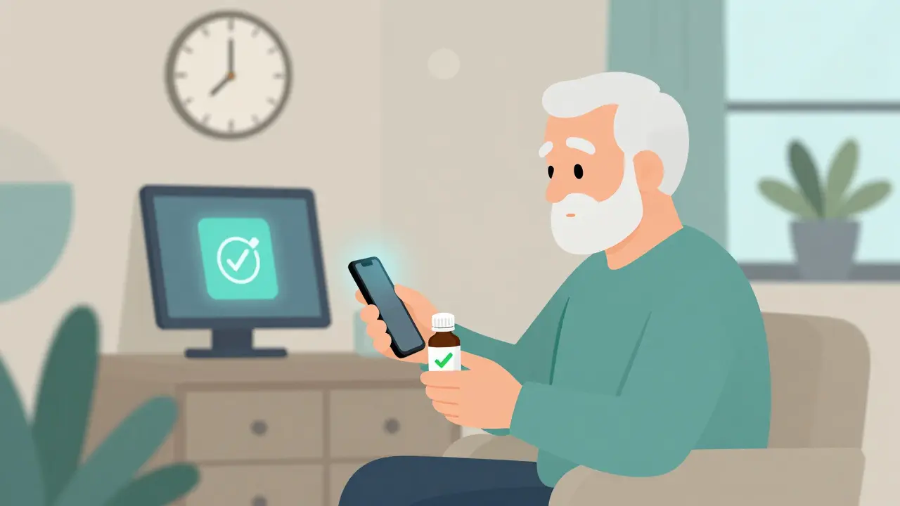 Senior turning off phone while holding safe sleep medication, digital CBT-I app glowing on tablet.