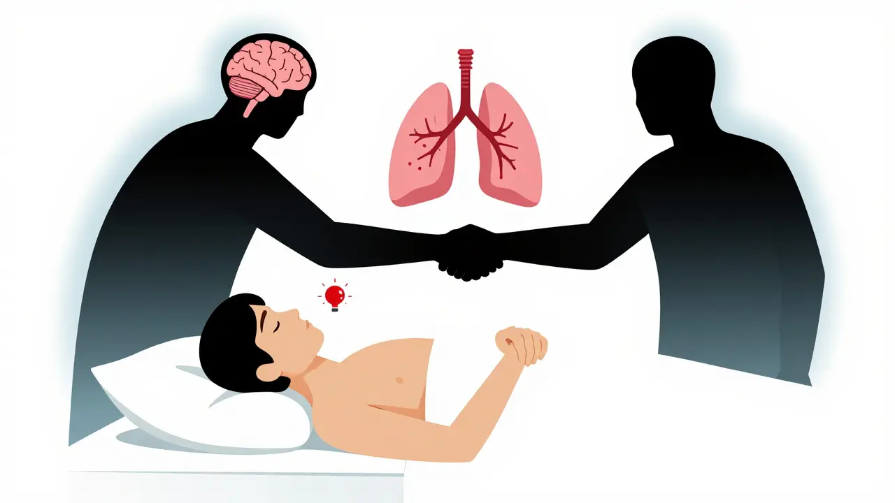 Sleeping person with shadowy figures blocking lung expansion, indicating respiratory failure.