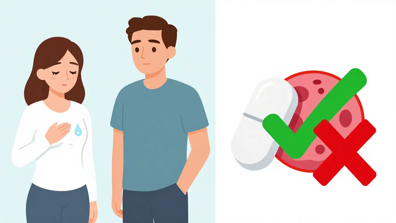 Split scene showing symptoms on one side and cabergoline pill reversing tumor effects on the other.