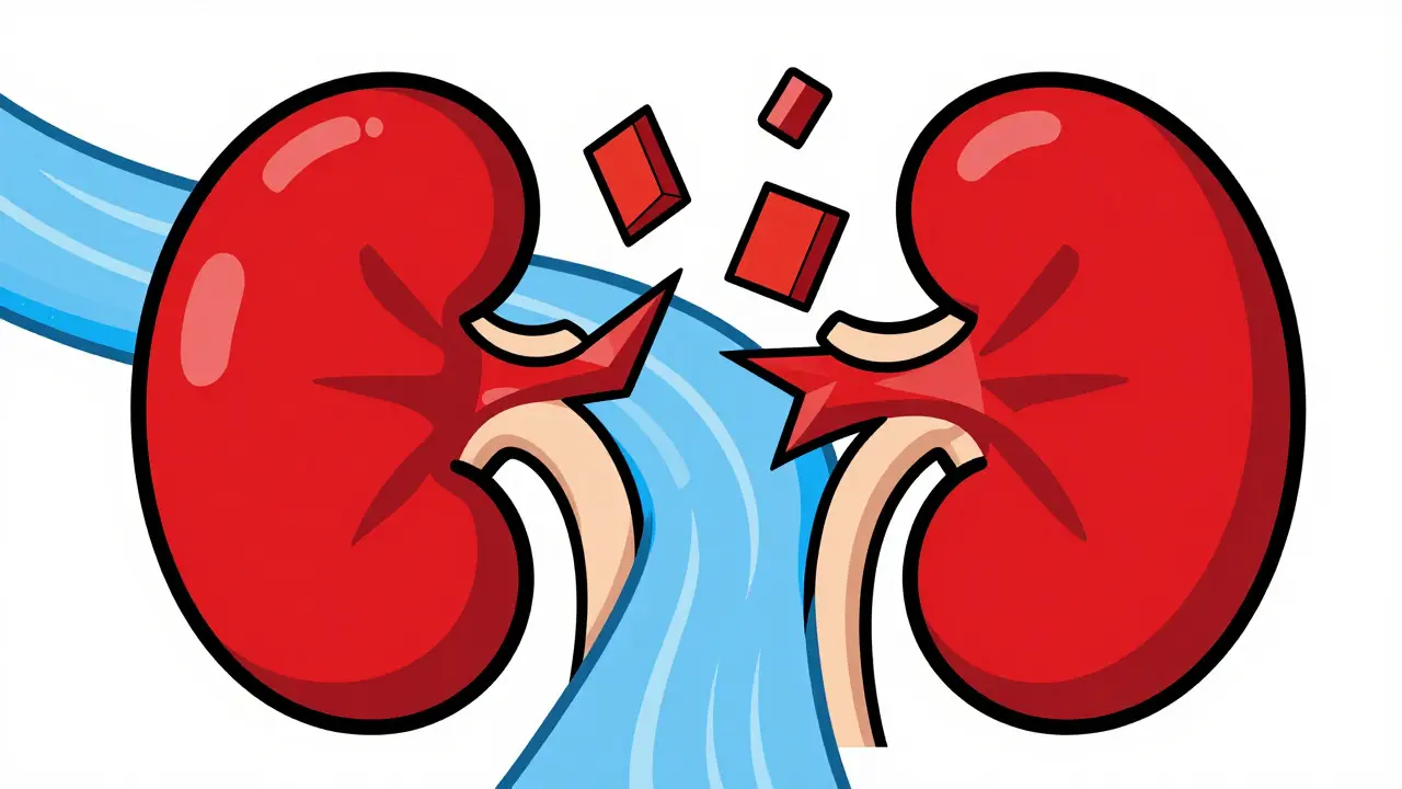 Stylized red obstacles blocking blue flow representing dangerous medications in kidney vessels