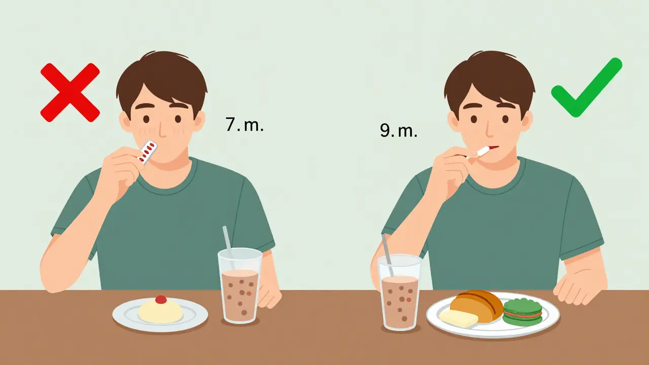 Two contrasting daily routines: morning conflict vs. evening harmony for thyroid medication and protein.