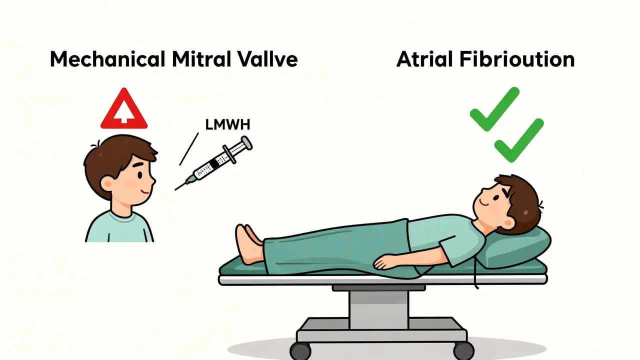 Two patients on a surgical table: one receiving an injection for a mechanical valve, another with no injection and a checkmark for low-risk atrial fibrillation.