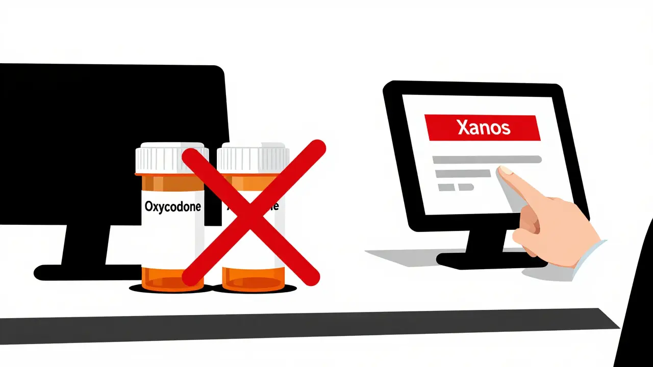 Two prescription bottles with a red slash over them, symbolizing dangerous drug combination.