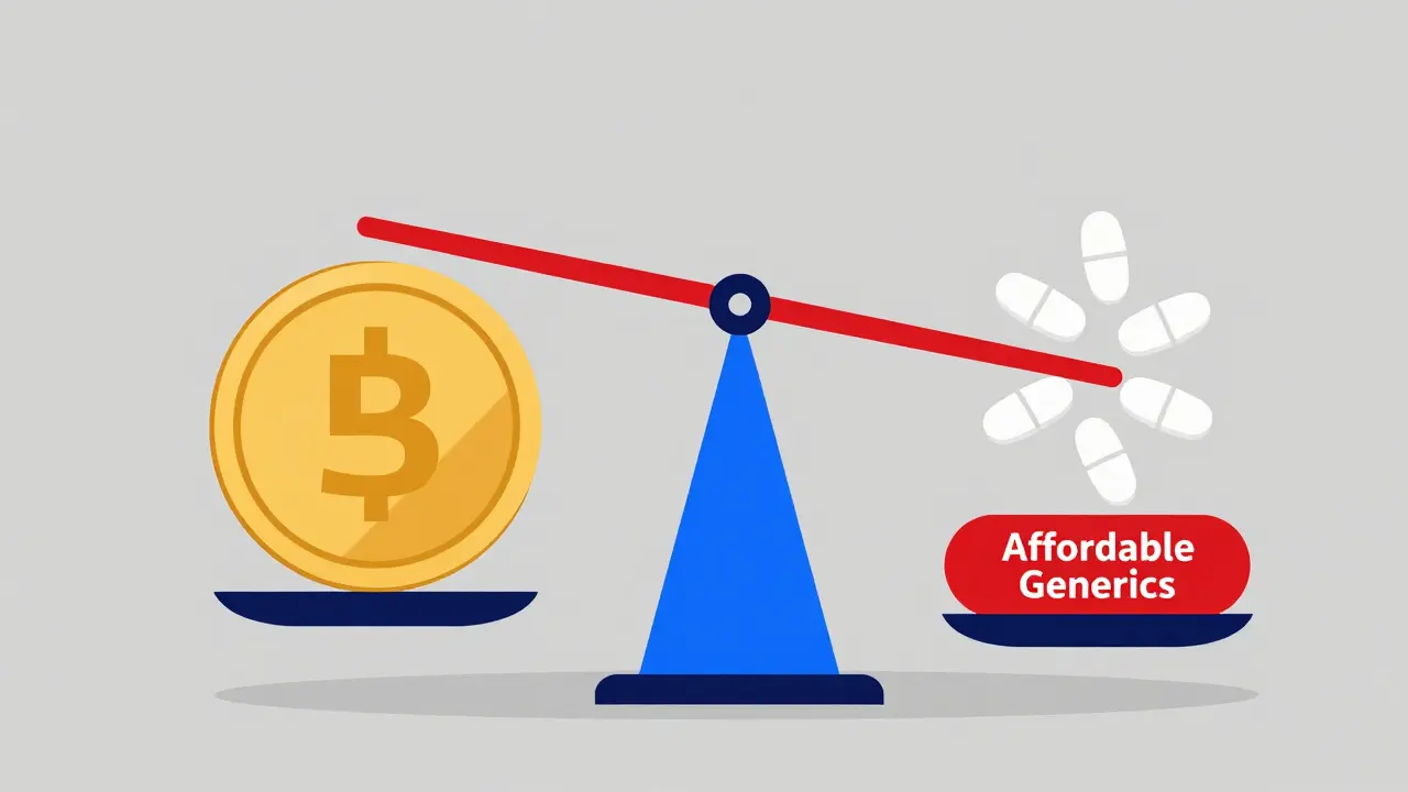 A balance scale comparing expensive brand-name drugs with affordable generic Bupropion tablets.
