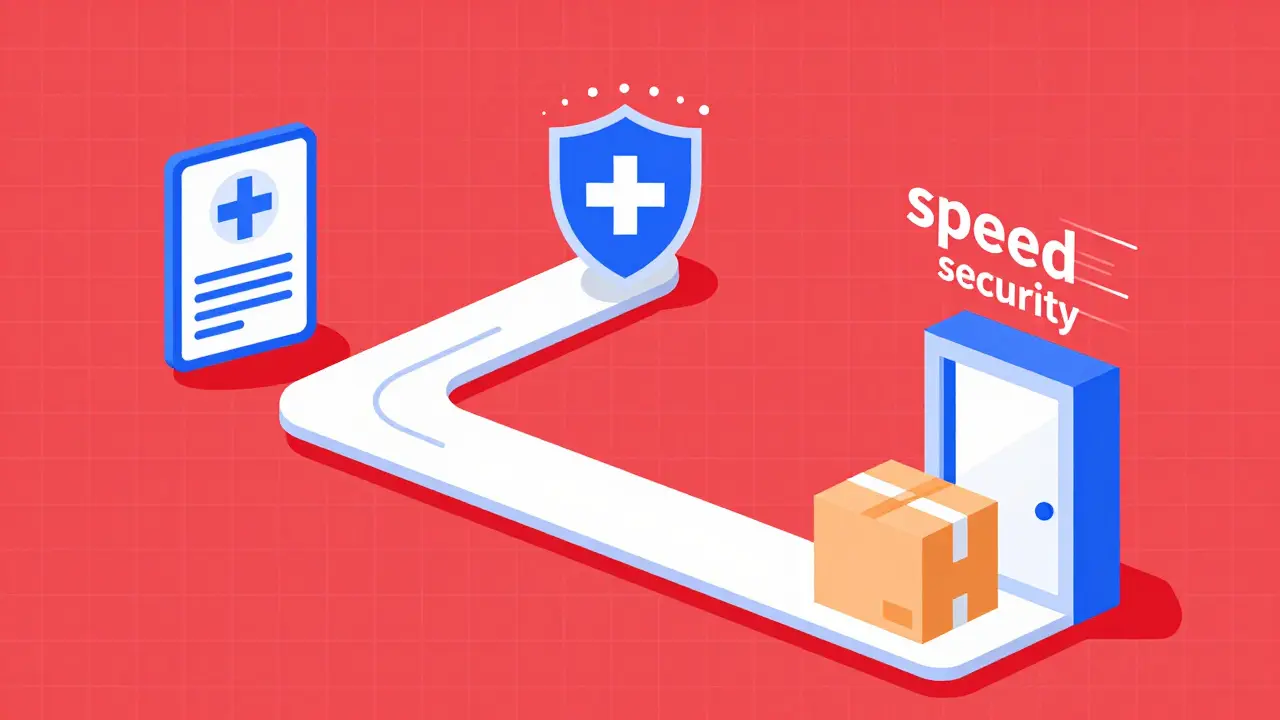 A minimalist path from a medical prescription to a delivered package, symbolizing safe online pharmacy.