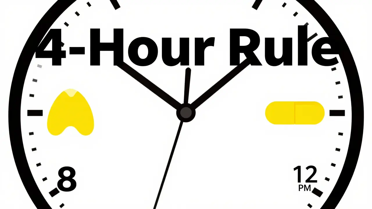 A structured clock diagram showing a 4-hour gap between medication and iron supplements.