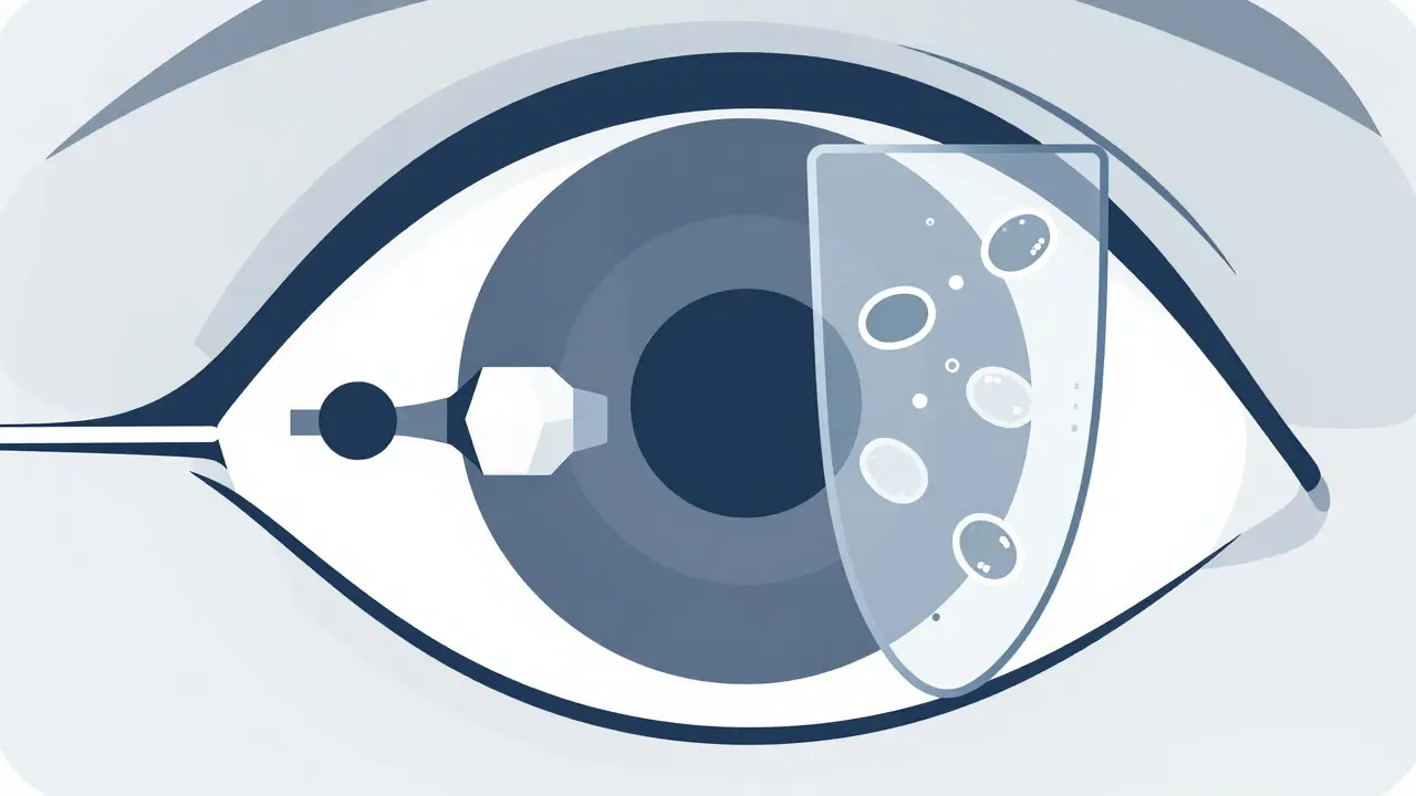 Abstract graphic of an eye implant and protein blocking for advanced AMD therapy.