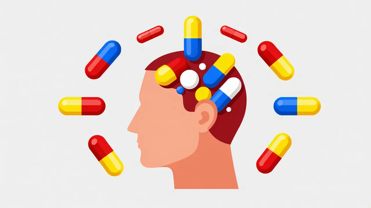 Conceptual illustration of multiple medication pills surrounding a human profile