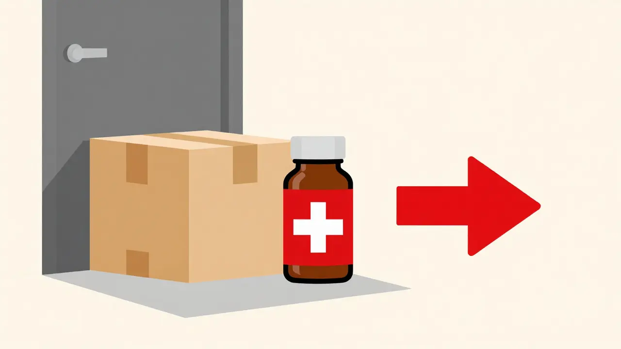 Delivery package and medication bottle at a doorstep in a minimalist Swiss style