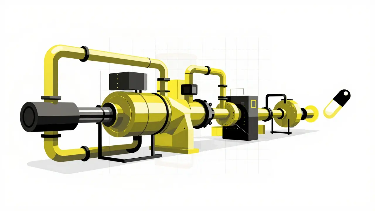 Minimalist Swiss style illustration of a continuous drug manufacturing flow.
