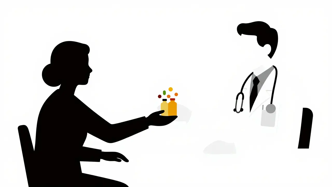 Patient holding out bottles to a doctor in a minimalist clinic scene