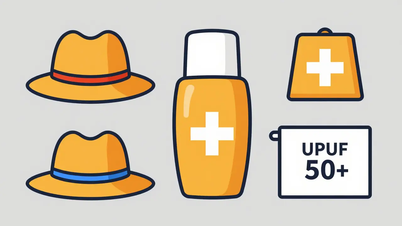 Set of sun protection items including a hat, sunscreen, and UPF clothing