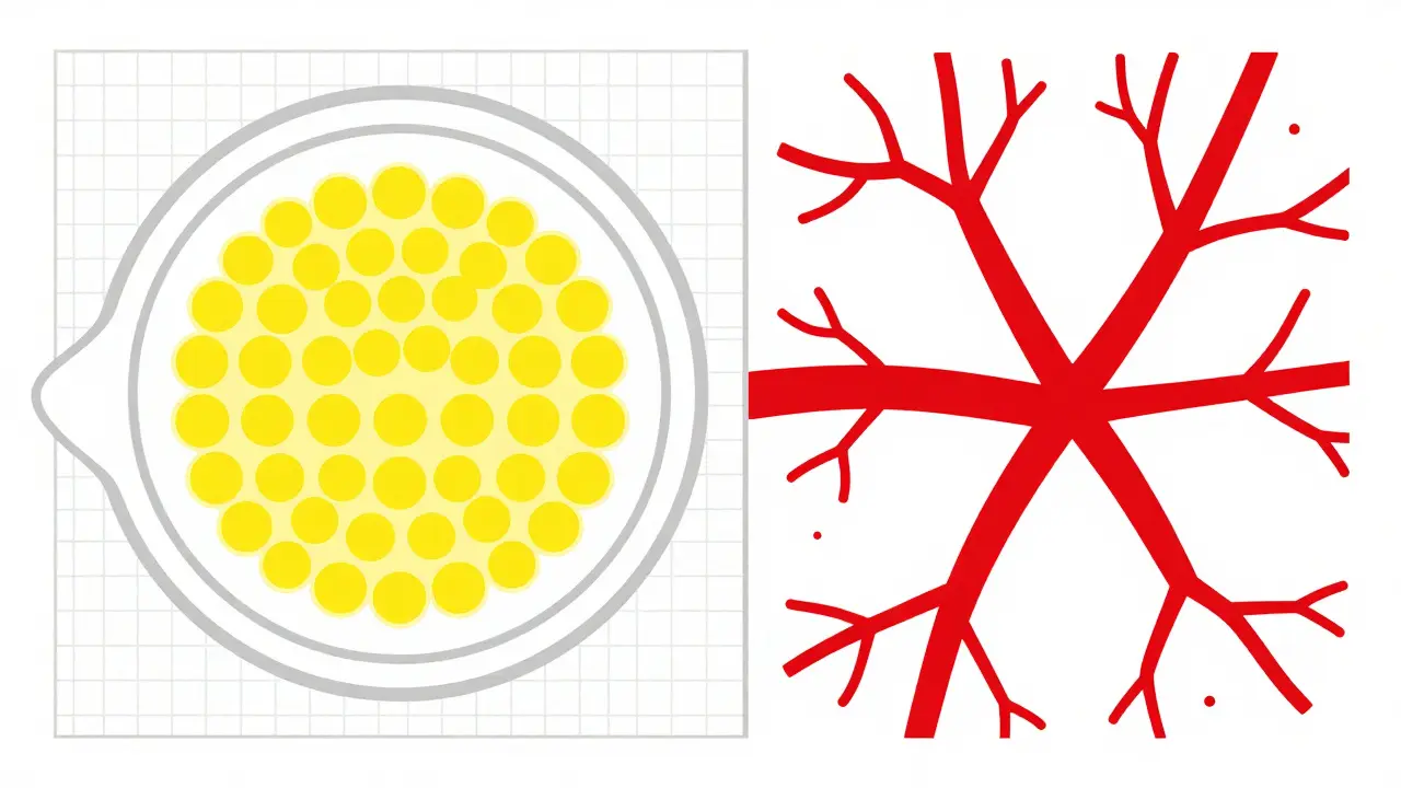 Split illustration showing yellow deposits for dry AMD and red leaky vessels for wet AMD.